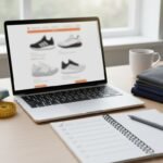 Adidas shopping guide scene with sneakers laptop and measuring tape