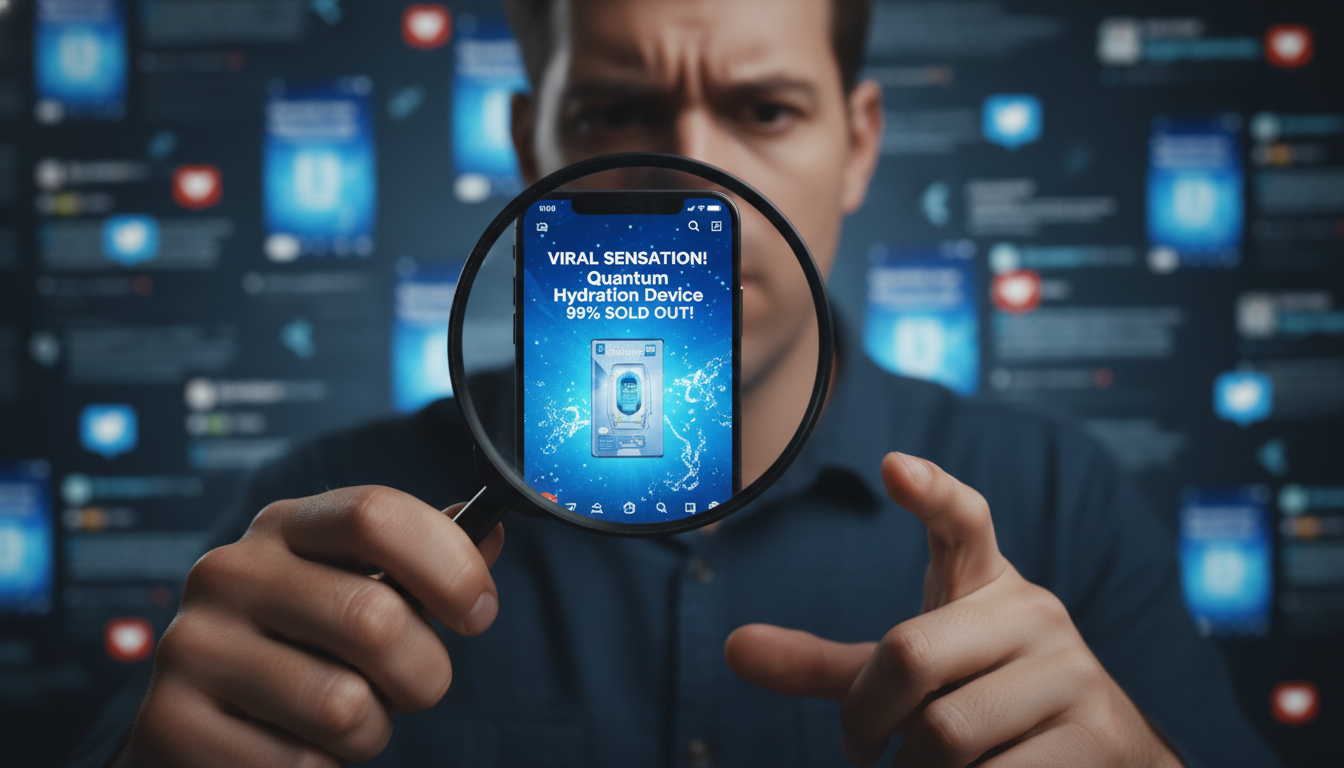 Person critically evaluating a viral product on a tablet, surrounded by digital trends. supporting image 1