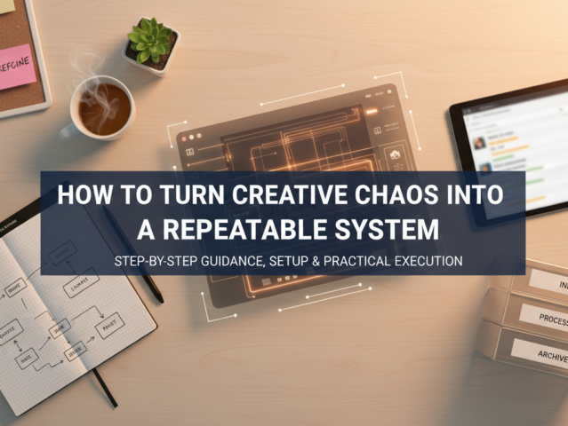 An organized creative workspace with abstract elements symbolizing a system taming creative chaos.
