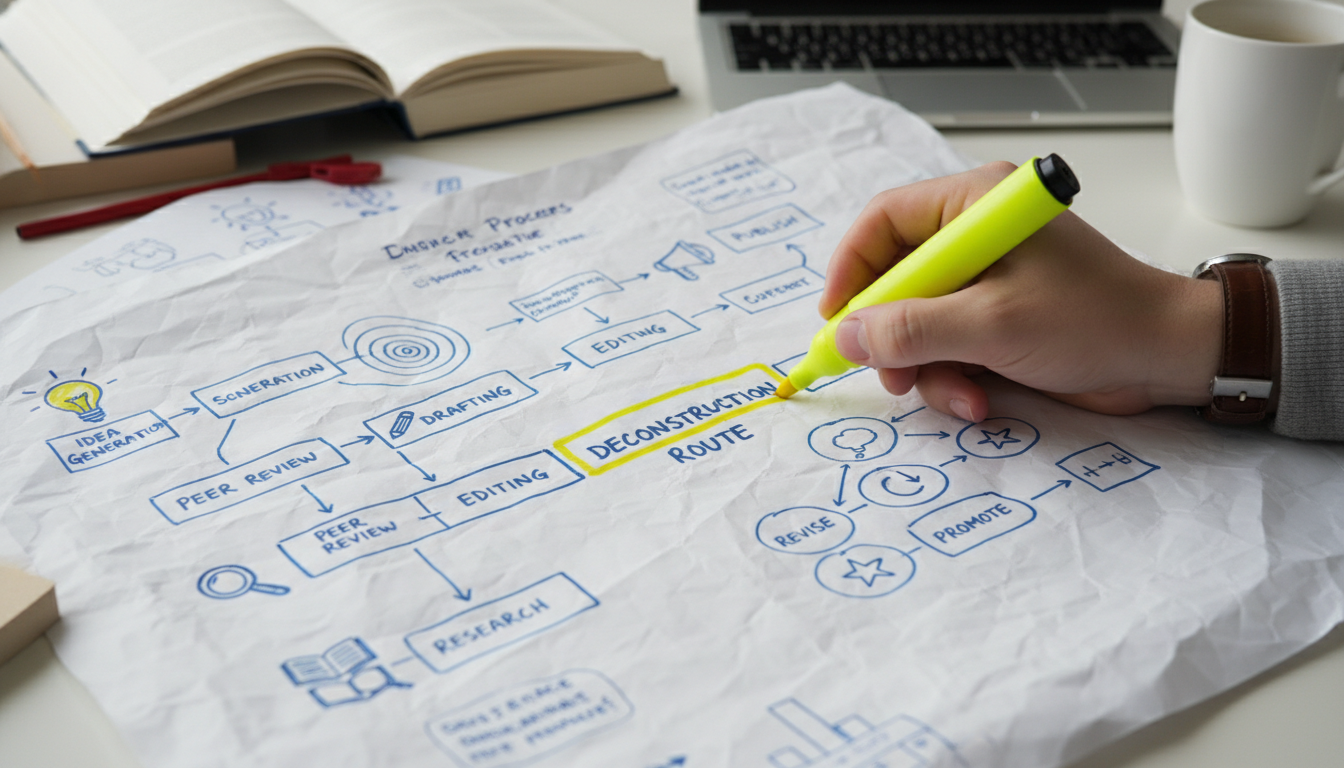 An organized creative workspace with abstract elements symbolizing a system taming creative chaos. supporting image 1