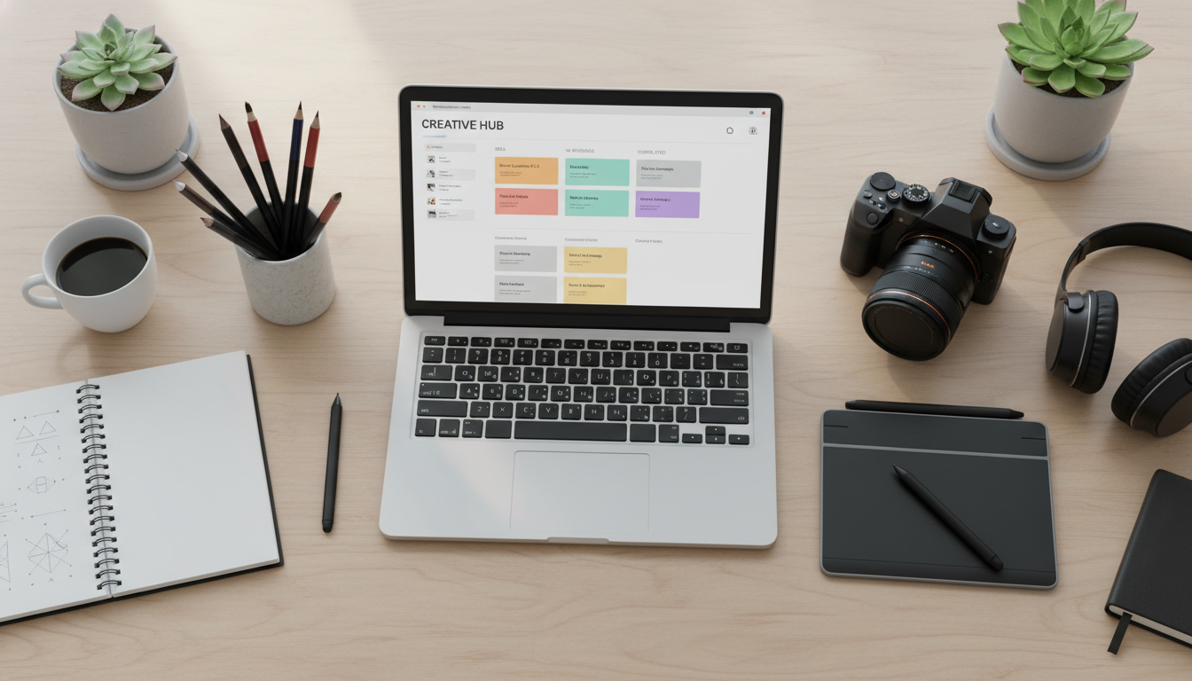 An organized creative workspace with abstract elements symbolizing a system taming creative chaos. supporting image 2
