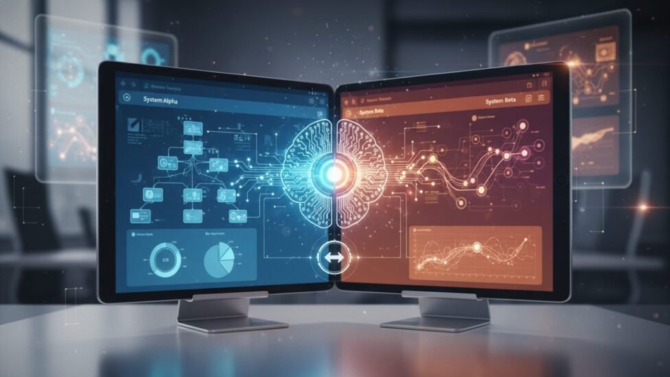 AI analyzing and comparing two software options