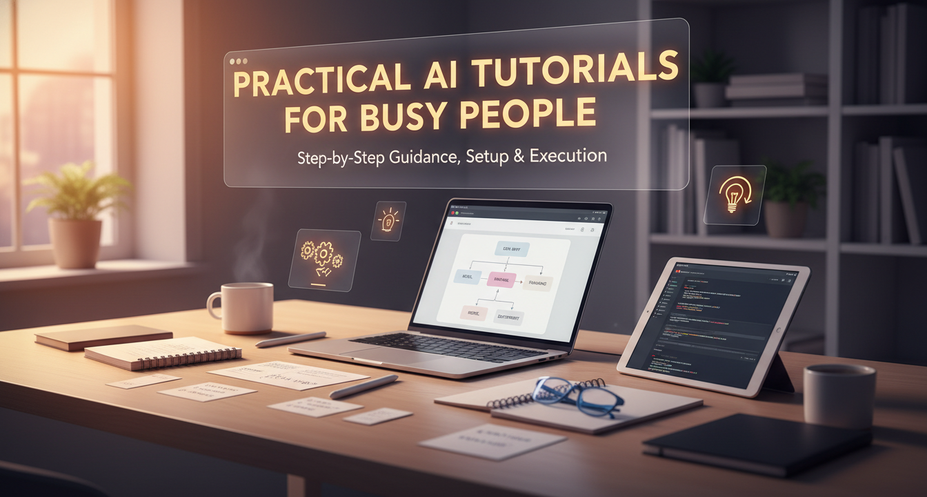 Diverse professionals efficiently using AI tools for various tasks, with the title 'Practical AI Tutorials for Busy People' integrated into the scene.