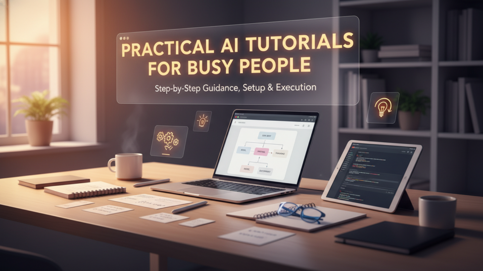 Diverse professionals efficiently using AI tools for various tasks, with the title 'Practical AI Tutorials for Busy People' integrated into the scene.