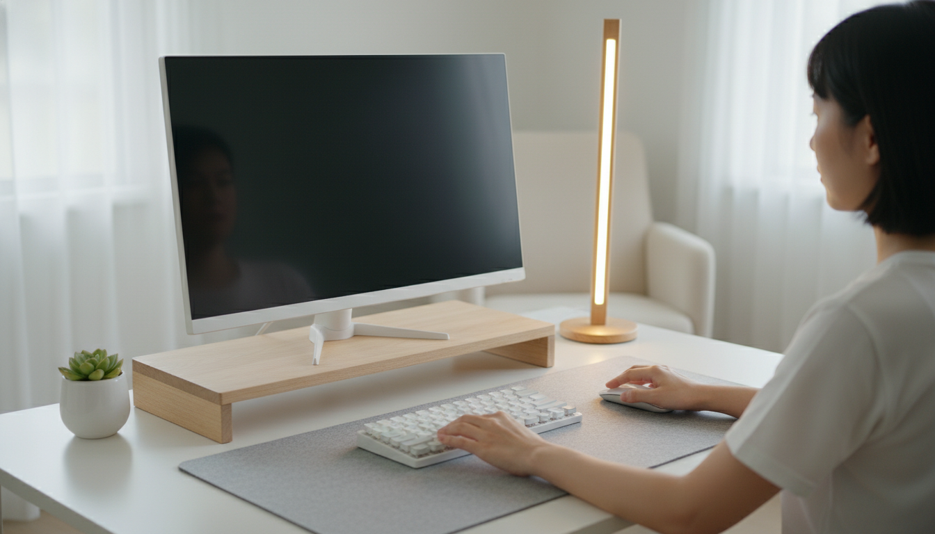 A serene and organized home office with natural light, an ergonomic setup, and a plant, embodying practical wellness. supporting image 1