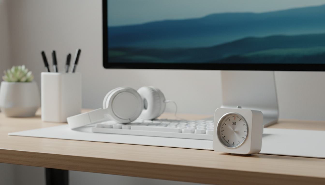 A minimalist desk with tools for energy and focus, symbolizing simple products for well-being. supporting image 1