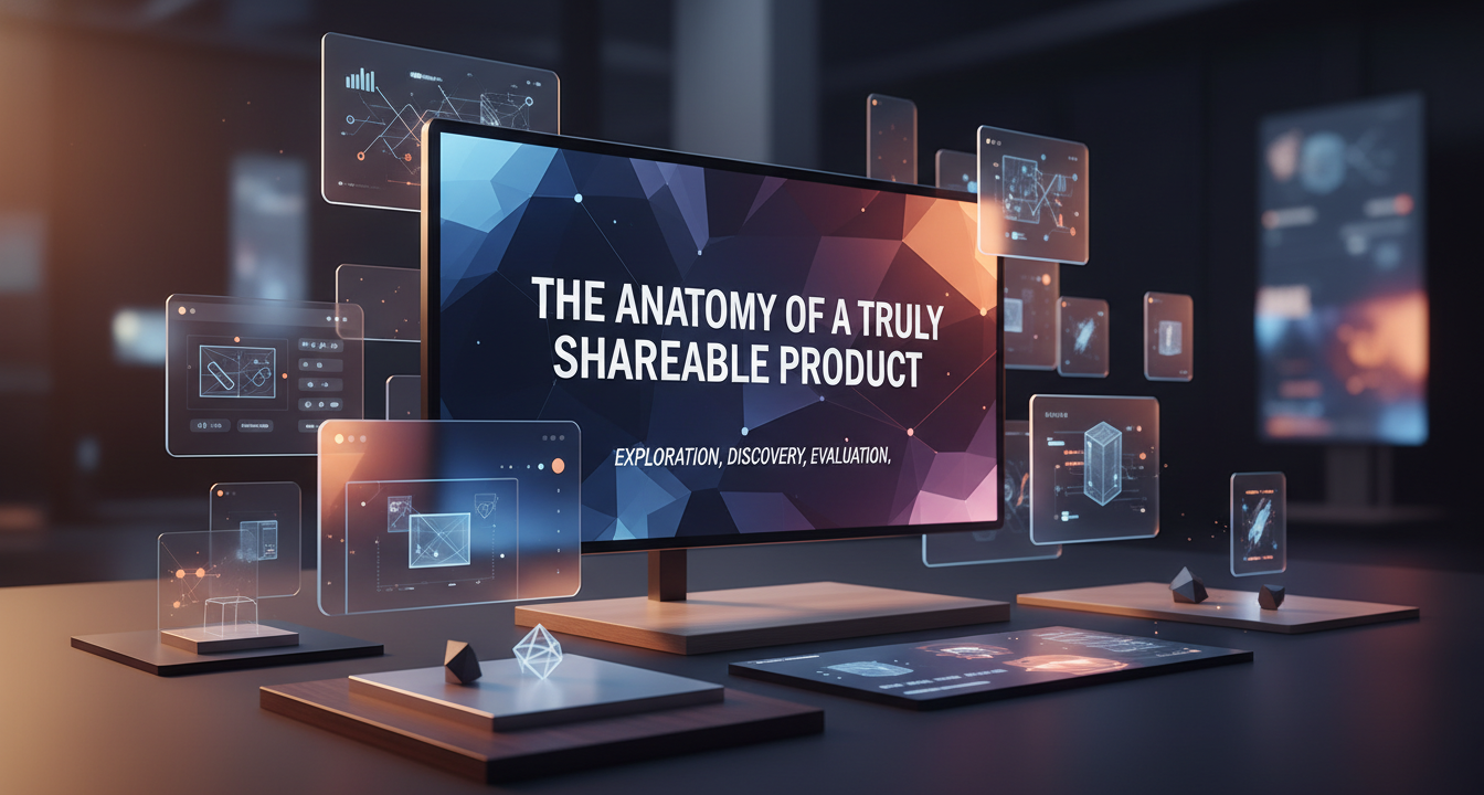 Abstract visual metaphor of interconnected elements representing the core components of a shareable product.