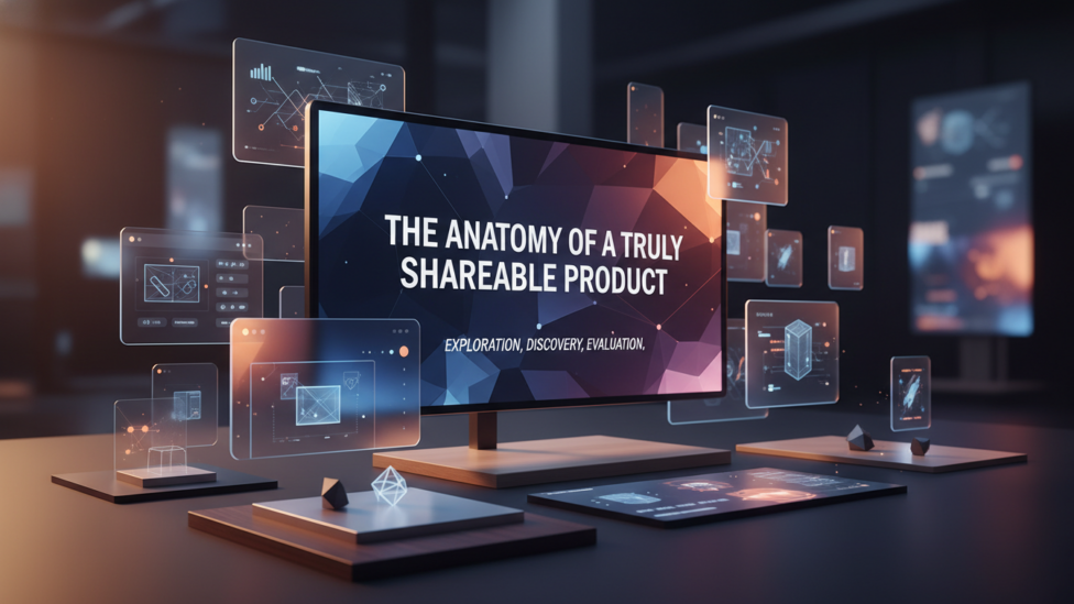 Abstract visual metaphor of interconnected elements representing the core components of a shareable product.