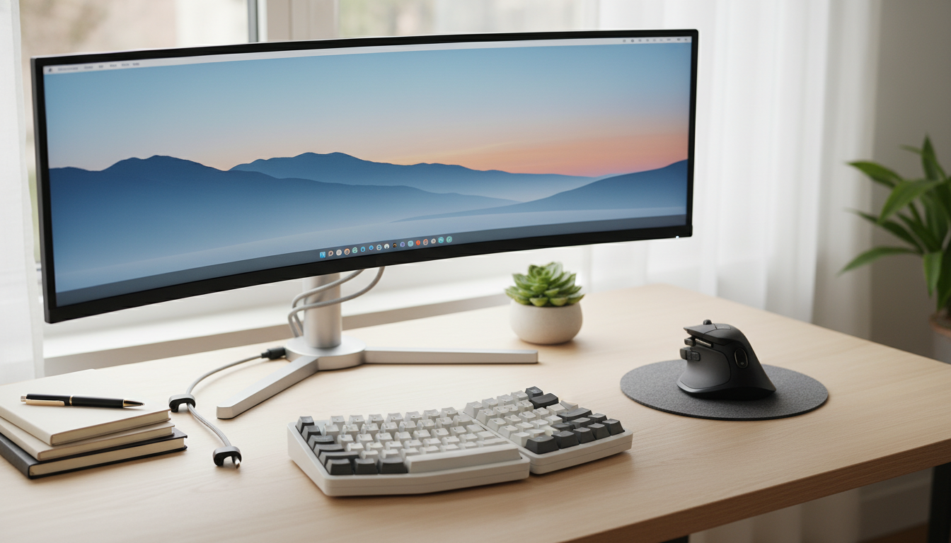 A beautifully arranged, comfortable living space showcasing various small upgrades like ergonomic office supplies, soft textiles, and good lighting, conveying a sense of daily comfort. supporting image 1