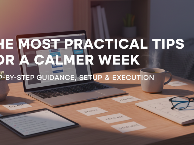 A calm and organized desk with a planner, tea, and plant, symbolizing a peaceful start to a productive week.