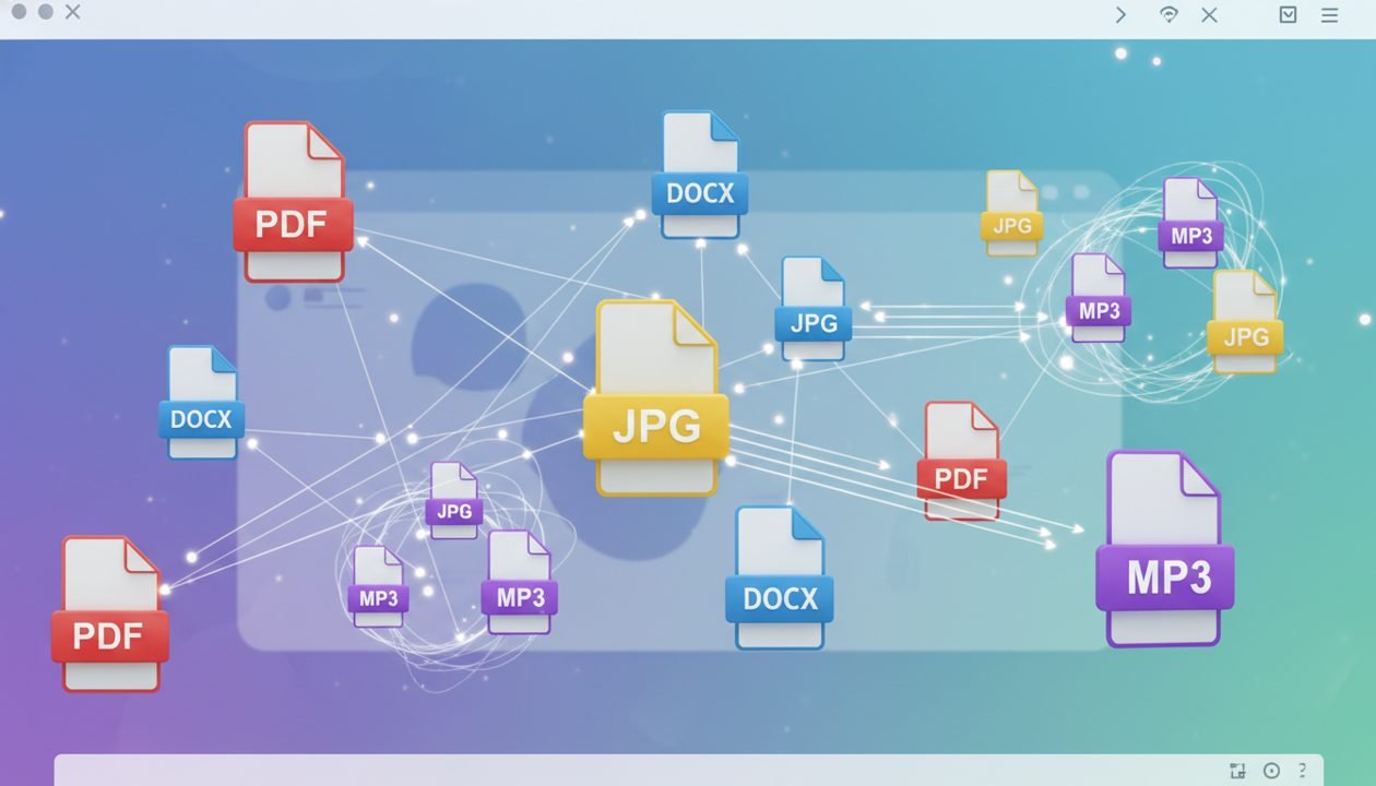 Digital files transforming and connecting on a clean interface.
