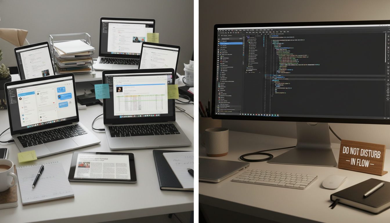 An organized desk with a laptop, tablet, and notebooks, symbolizing an efficient creator workflow. supporting image 2