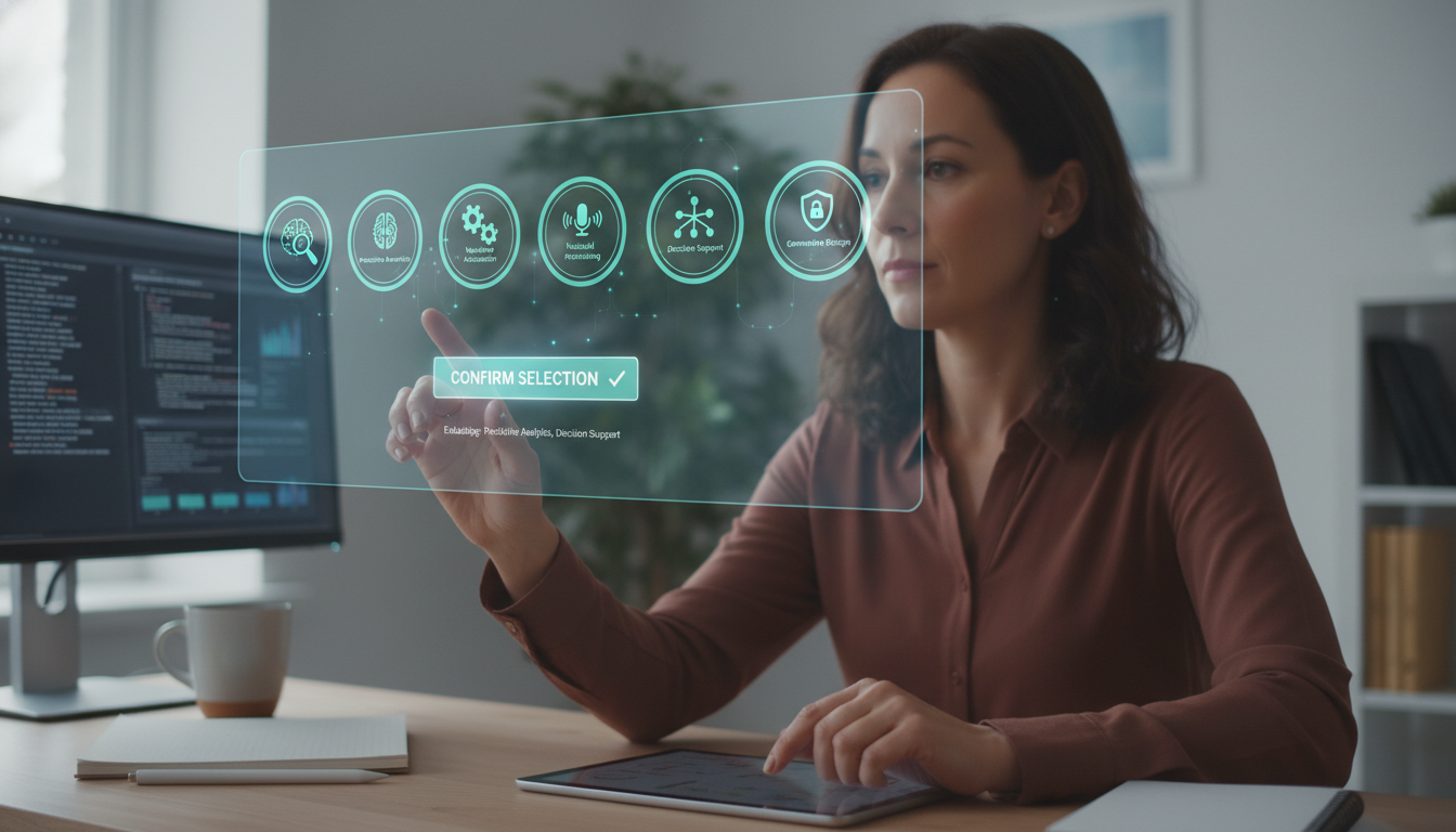 A person looking through a magnifying glass at a complex, swirling digital landscape, discerning clear, useful AI paths from chaotic data, representing the process of identifying genuinely useful AI tools amidst hype. supporting image 3