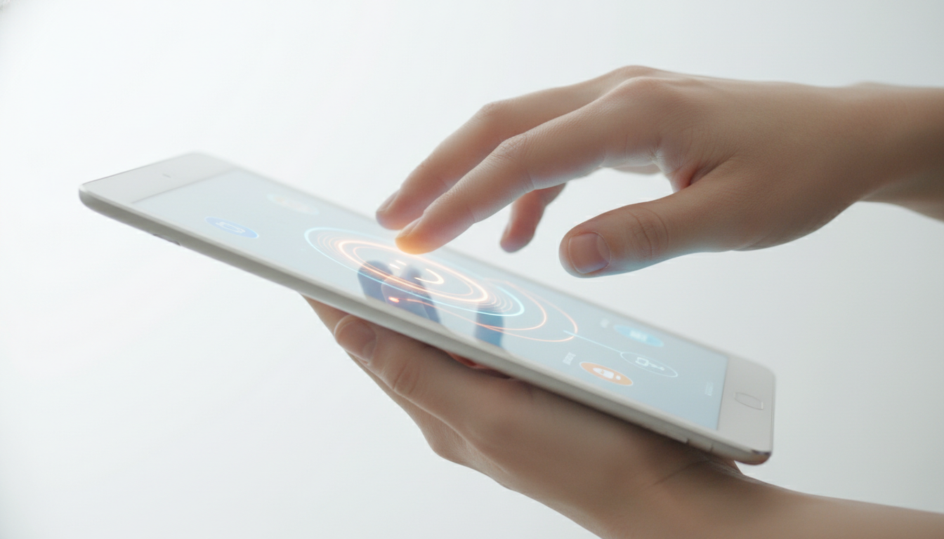 A person thoughtfully interacting with a smart home system, surrounded by integrated smart devices, representing the value of well-chosen technology. supporting image 2
