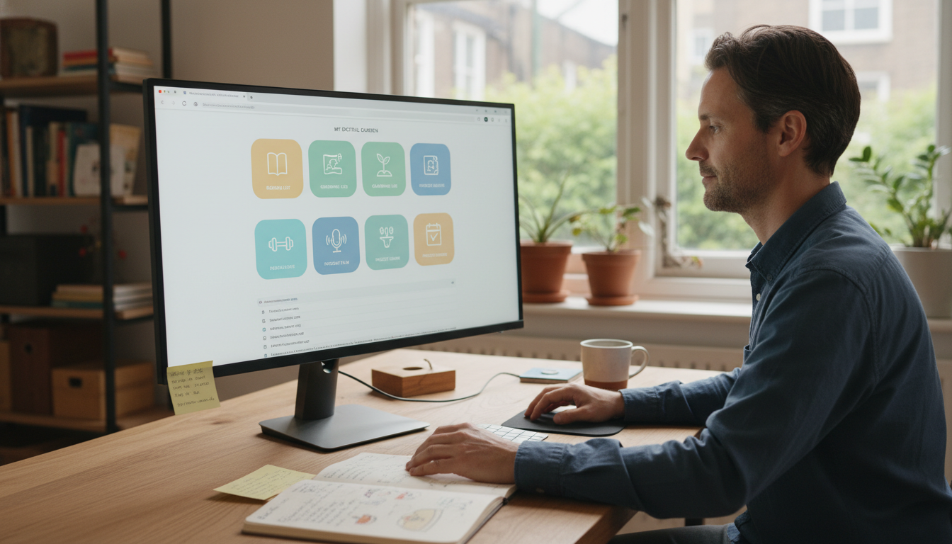 A minimalist desk with a laptop displaying a simple website, symbolizing digital efficiency and habit formation. supporting image 3