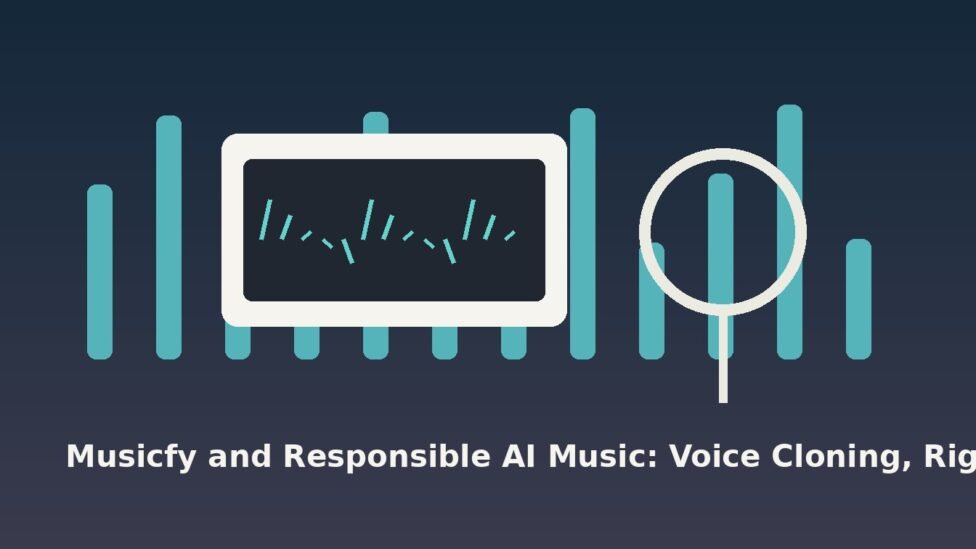 responsible AI music publishing workflow with microphone and rights paperwork